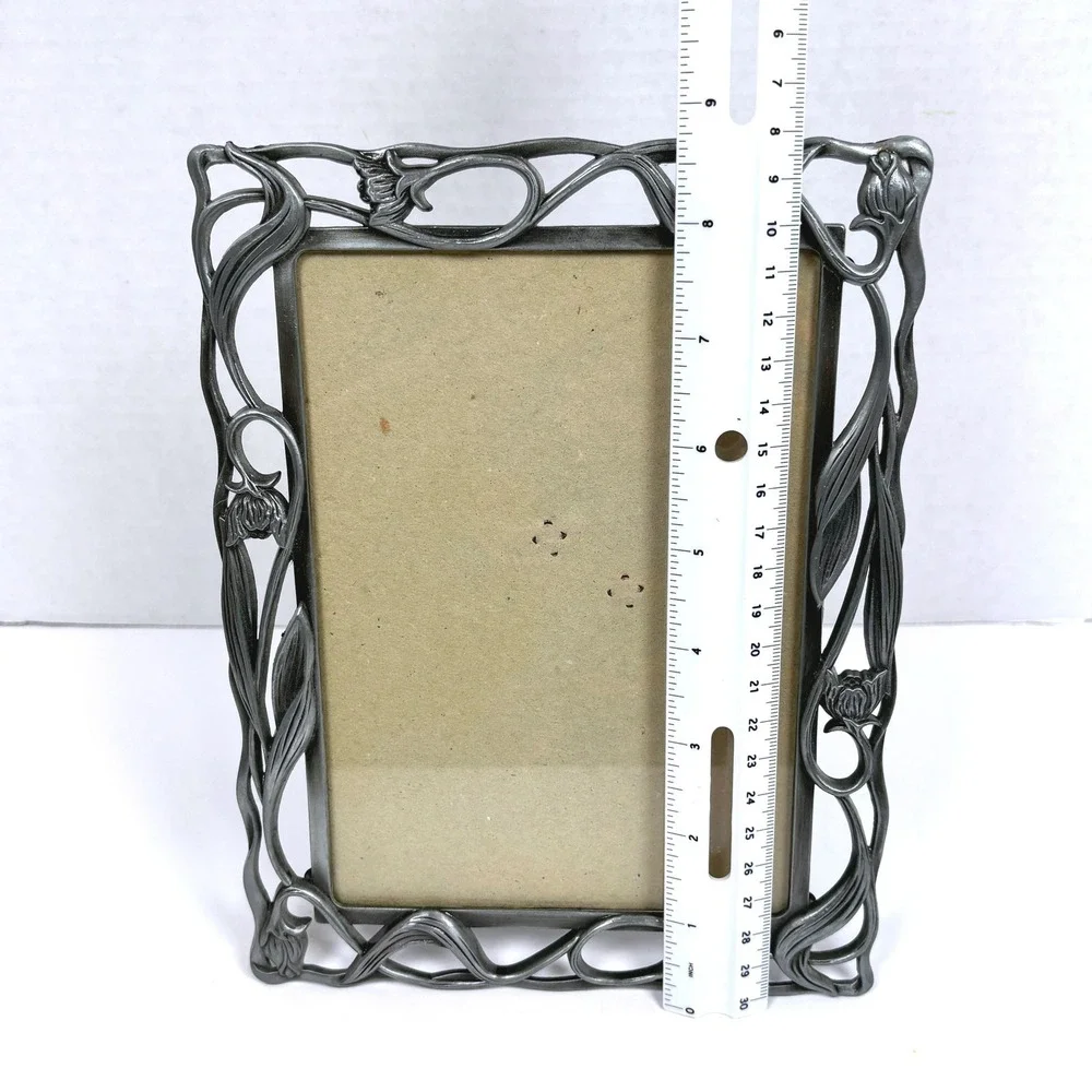 Vtg Art Nouveau Revival Floral Photo Frame Pewter Fairy Gothic Iris Floral Vine
